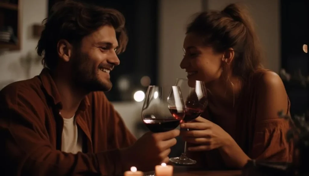 Casal brindando vinho em experiência romântica na Pousada Cantos e Encantos.