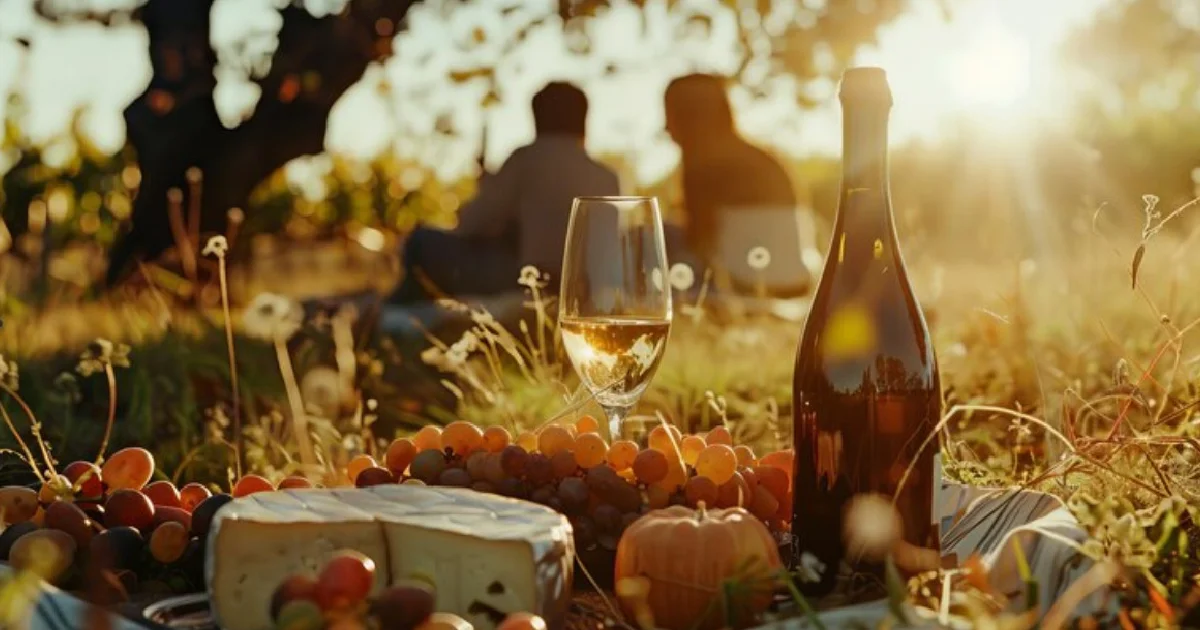 Mesa posta com vinho e pratos típicos em experiência regional.