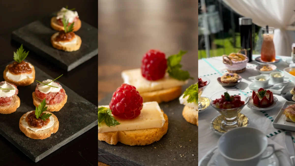 Mosaico de fotos do café da manhã da Pousada Cantos e Encantos.