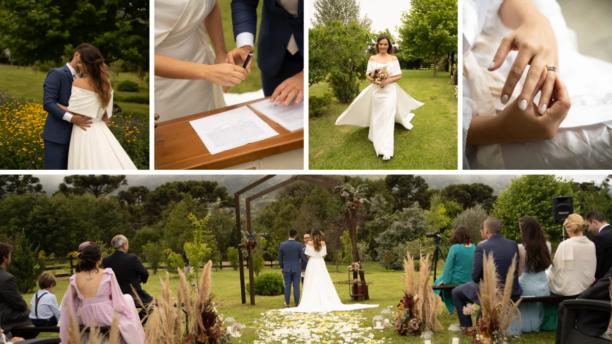 Mosaico de fotos sobre casamento da Pousada Cantos e Encantos.