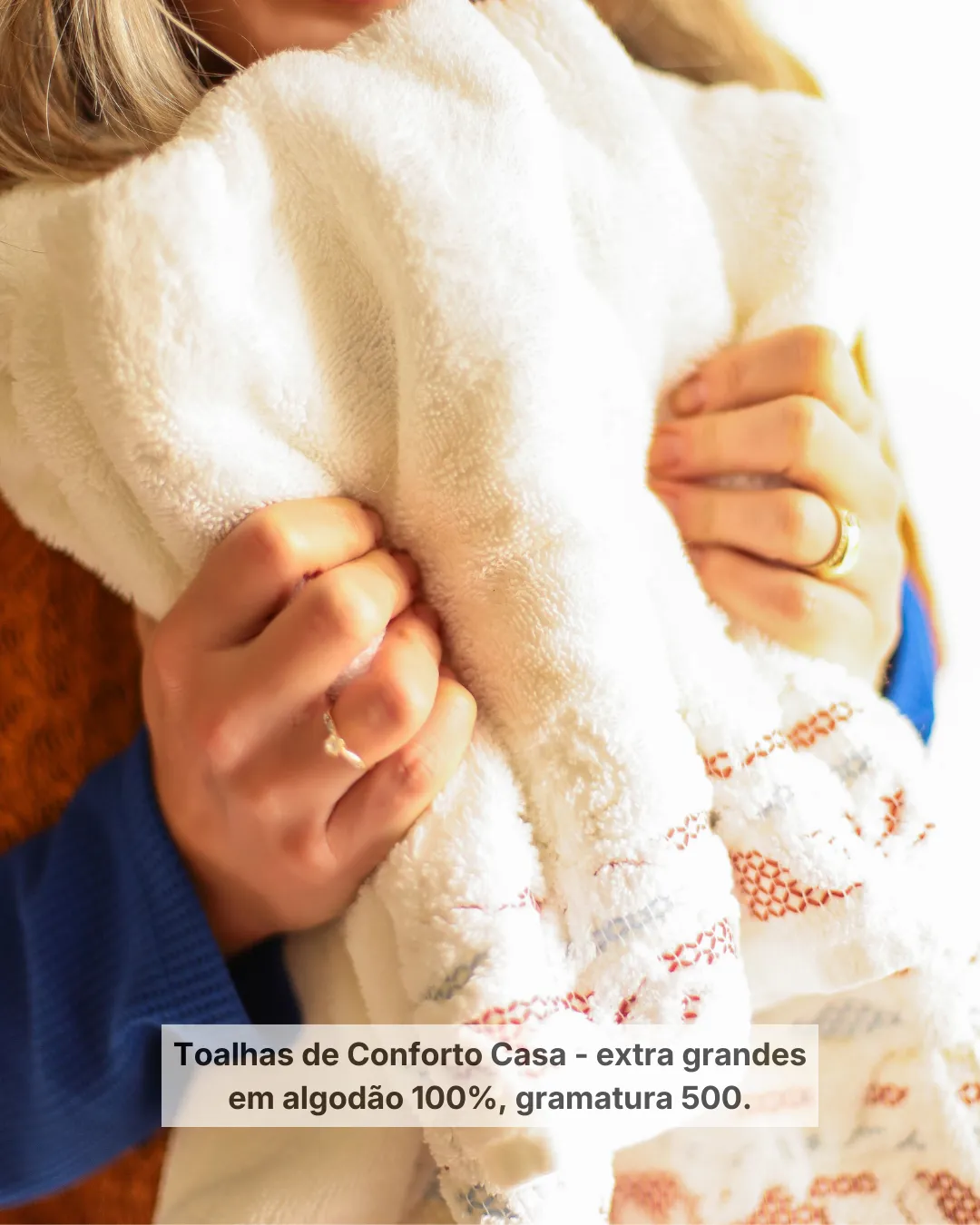 Toalhas de conforto da Cantos e Encantos, em algodão 100% extra macio, preparadas para o cuidado e bem-estar dos hóspedes.