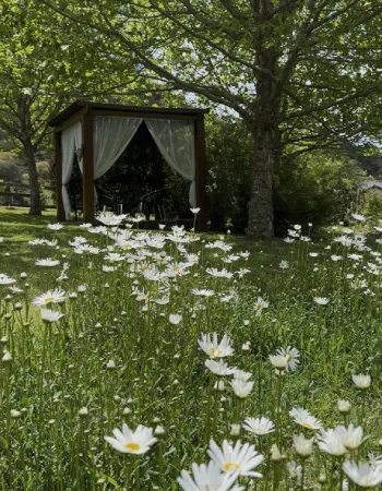 Jardim florido da Pousada Cantos e Encantos em Urubici, com espaço de descanso integrado à natureza